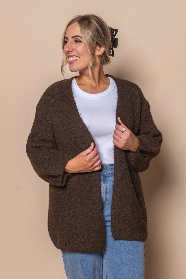 Mandie Boucle Knit Cardigan in Chocolate