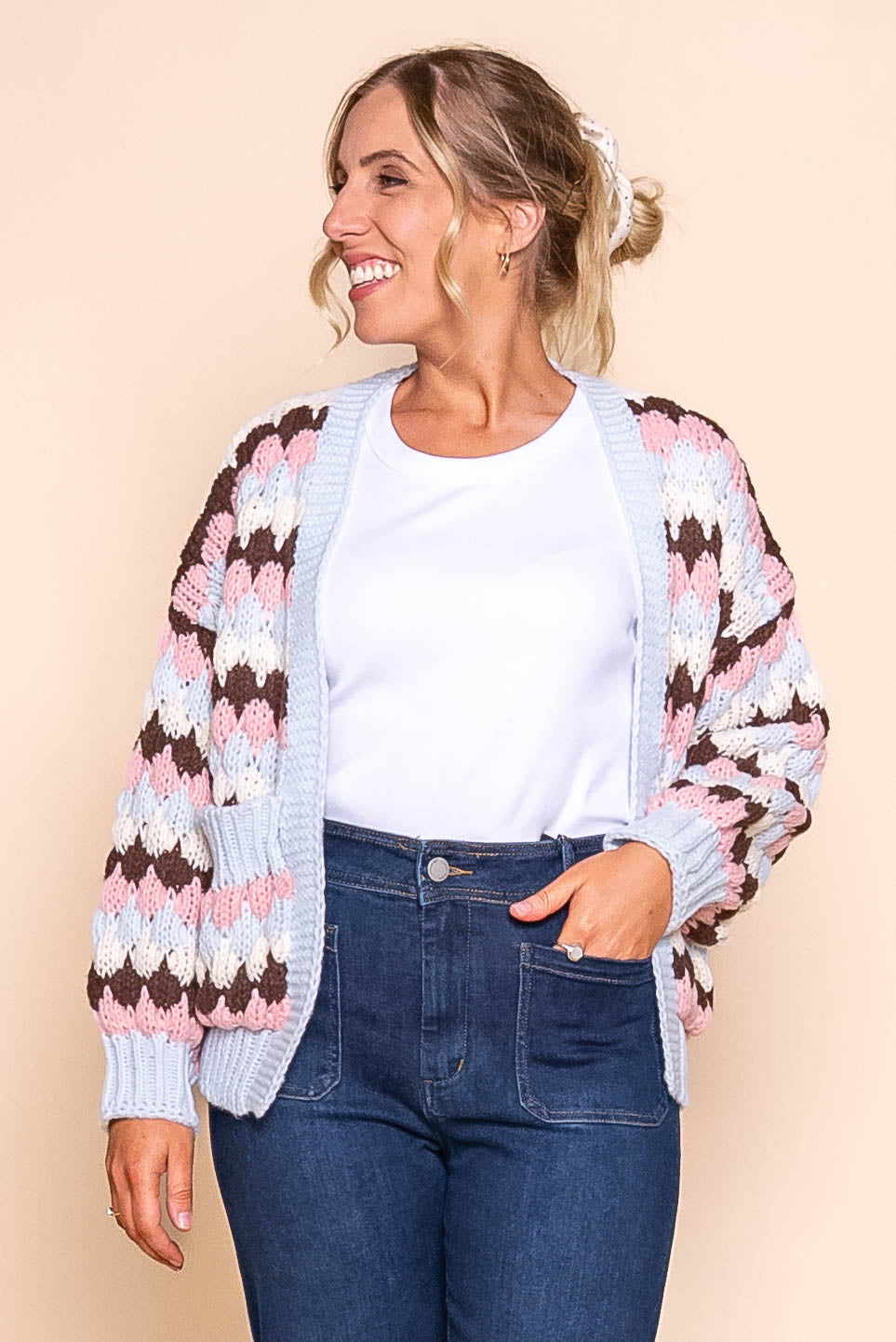 Haylee Chunky Knit Cardi in Baby Blue Multi
