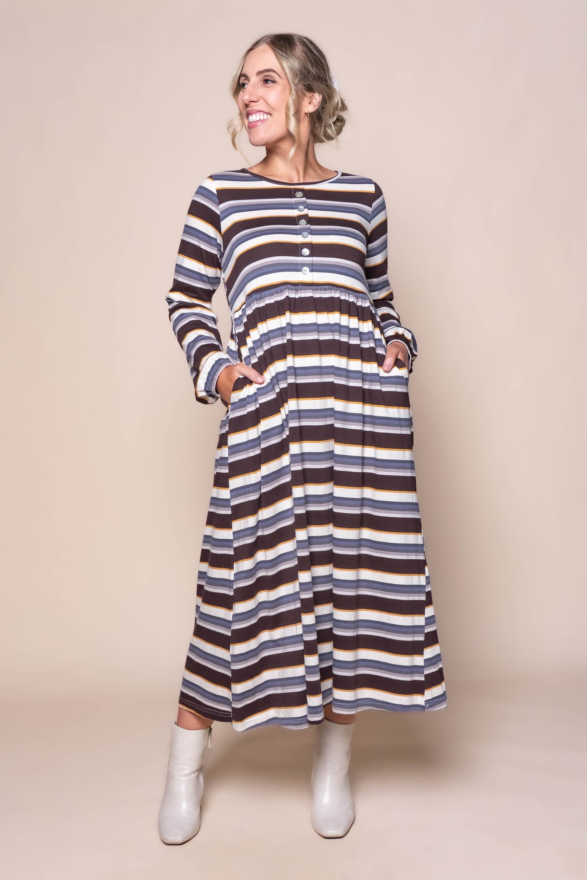Gloria Midi Dress in Chocolate Stripe