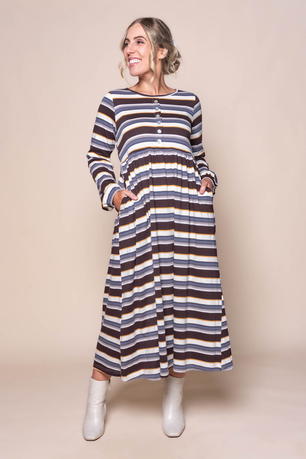 Gloria Midi Dress in Chocolate Stripe