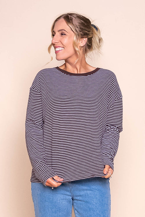 Hutch L/S Tee in Coffee/White Stripe - Foxwood