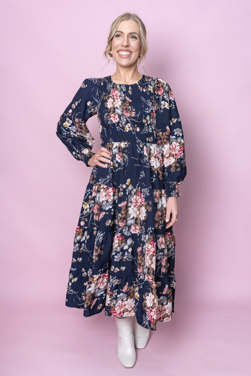 Nella Floral Midi Dress in Navy