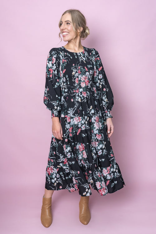 Nella Floral Midi Dress in Black