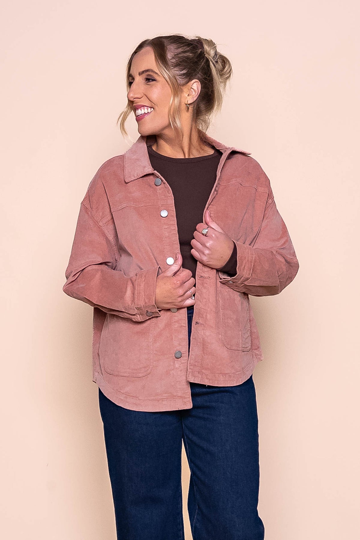 Nadia Stretch Cord Shacket in Dusty Pink