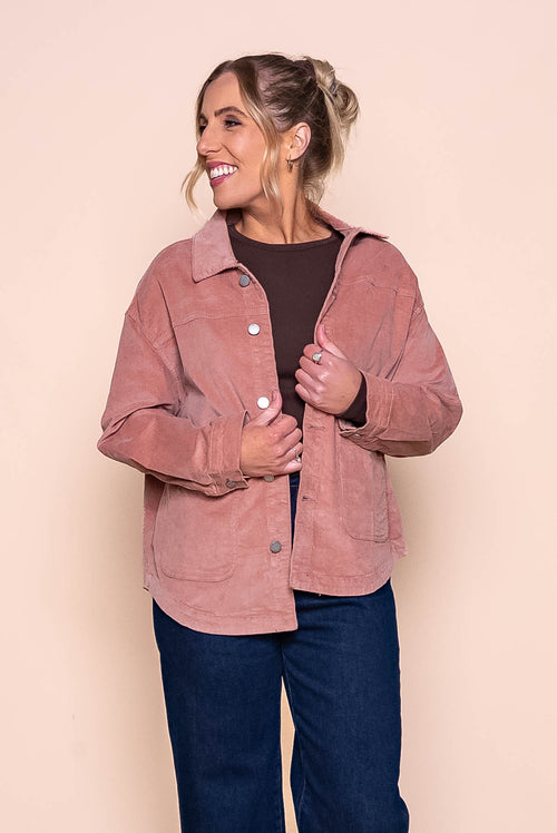Nadia Stretch Cord Shacket in Dusty Pink