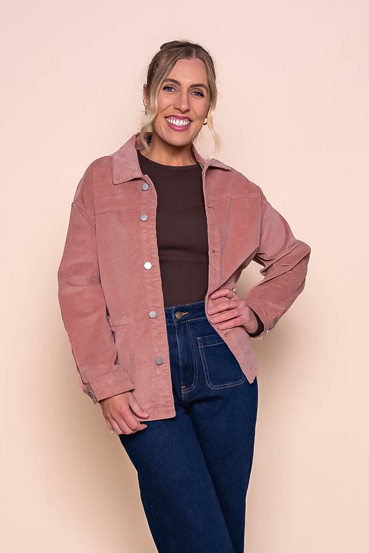Nadia Stretch Cord Shacket in Dusty Pink