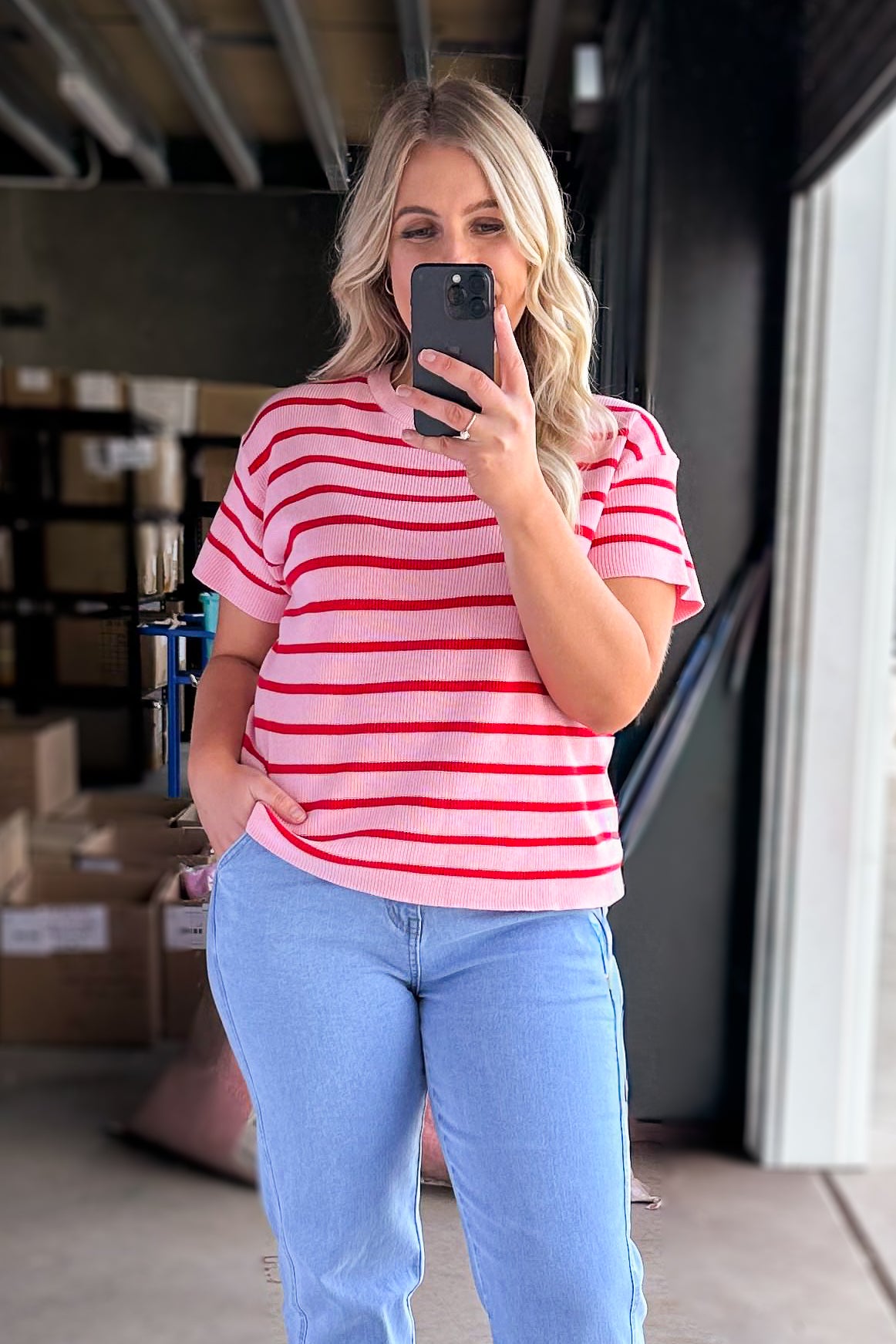 Kiley S/S Striped Knit Top in Pink