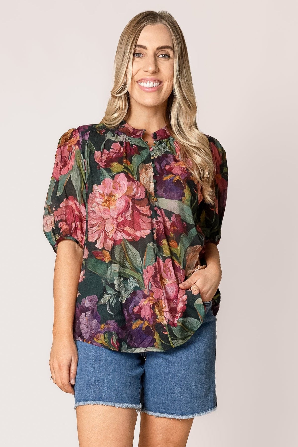 Kayla Floral Top in Emerald