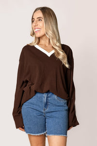 Zulu V neck L/S Tee in Brown - All About Eve