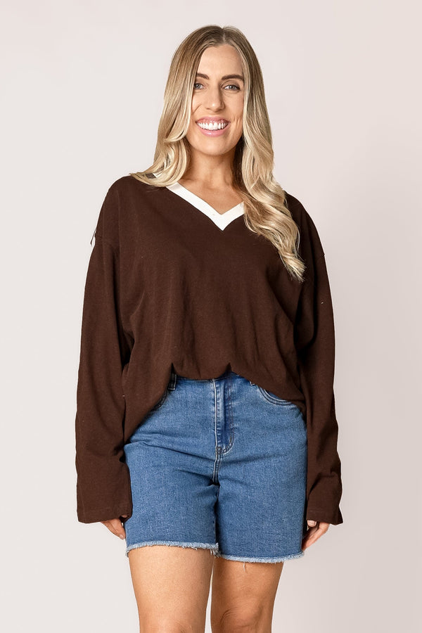 Zulu V neck L/S Tee in Brown - All About Eve
