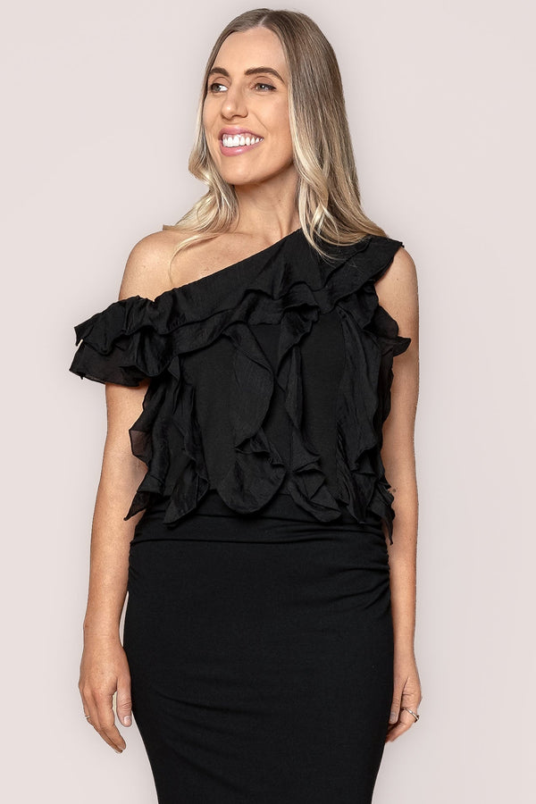 Suri Asymmetrical Ruffle Top in Black