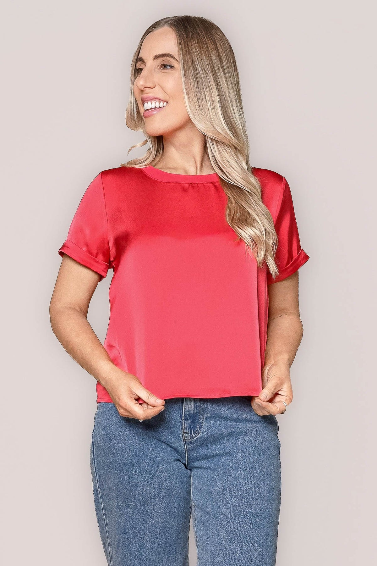 Nadine S/S Satin Tee in Crimson