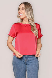 Nadine S/S Satin Tee in Crimson