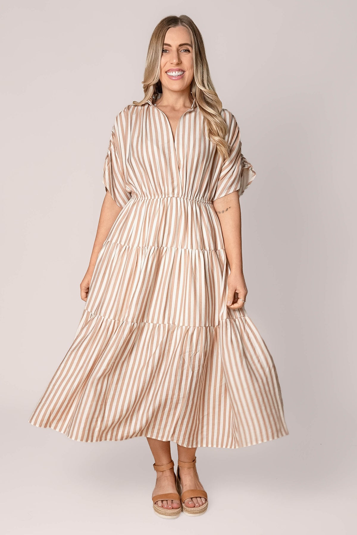 Allie Striped Midi Dress in Mocha
