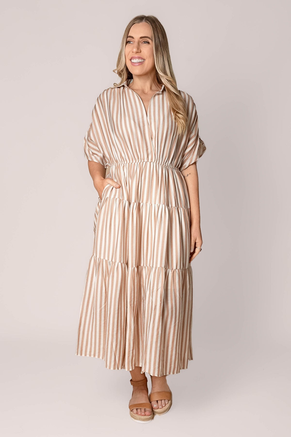 Allie Striped Midi Dress in Mocha