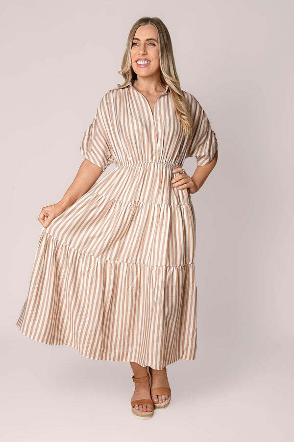 Allie Striped Midi Dress in Mocha