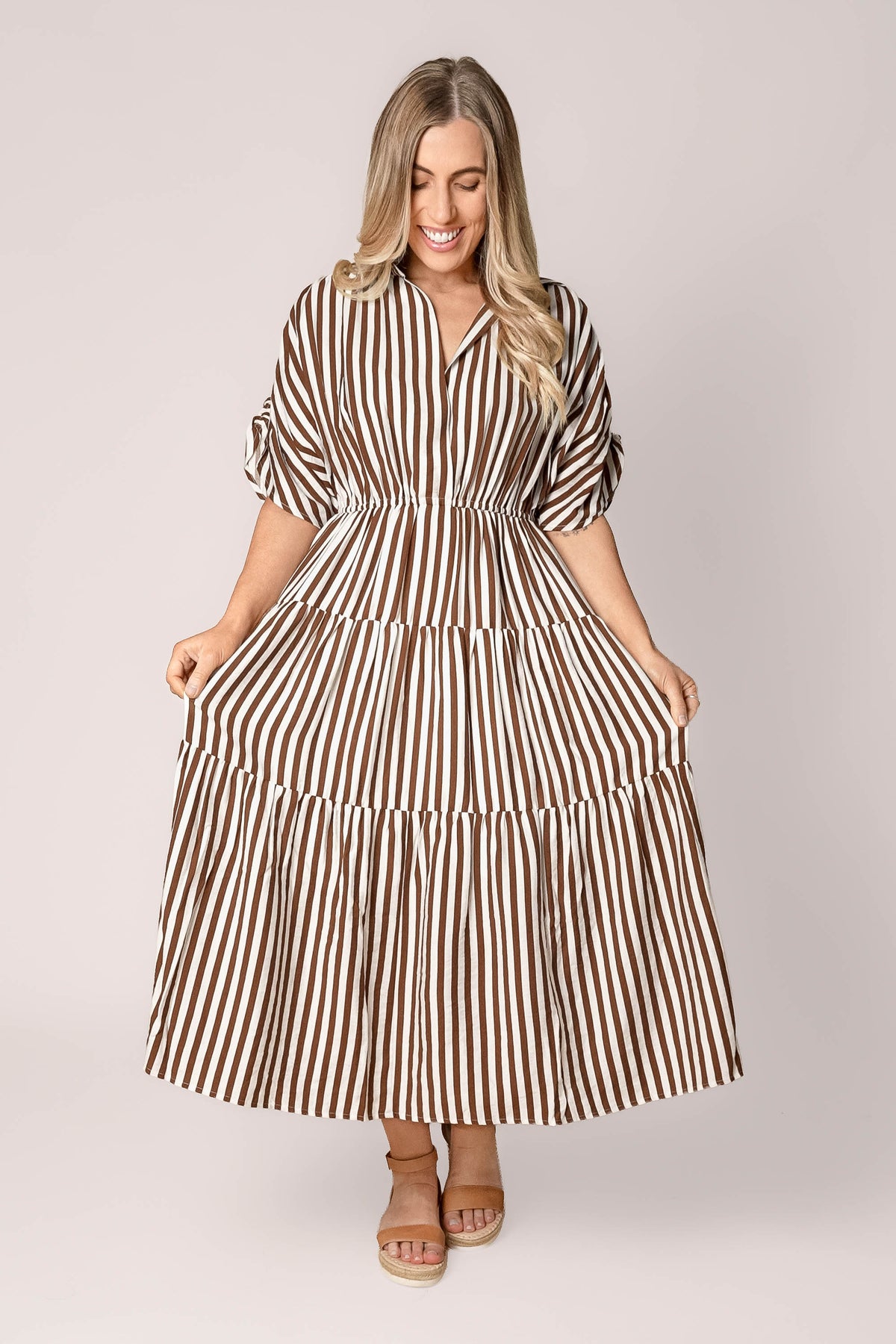 Allie Striped Midi Dress in Chocolate