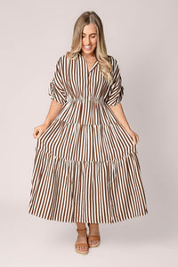 Allie Striped Midi Dress in Chocolate