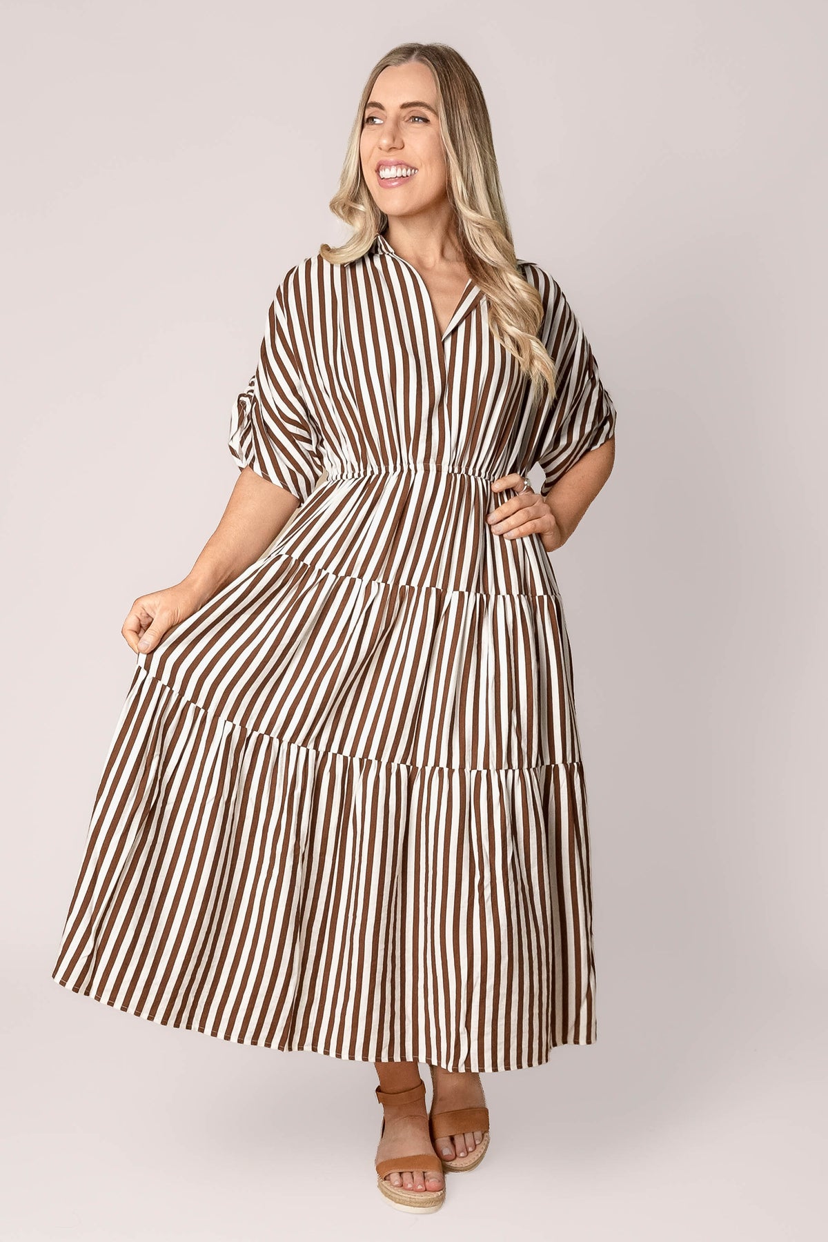 Allie Striped Midi Dress in Chocolate