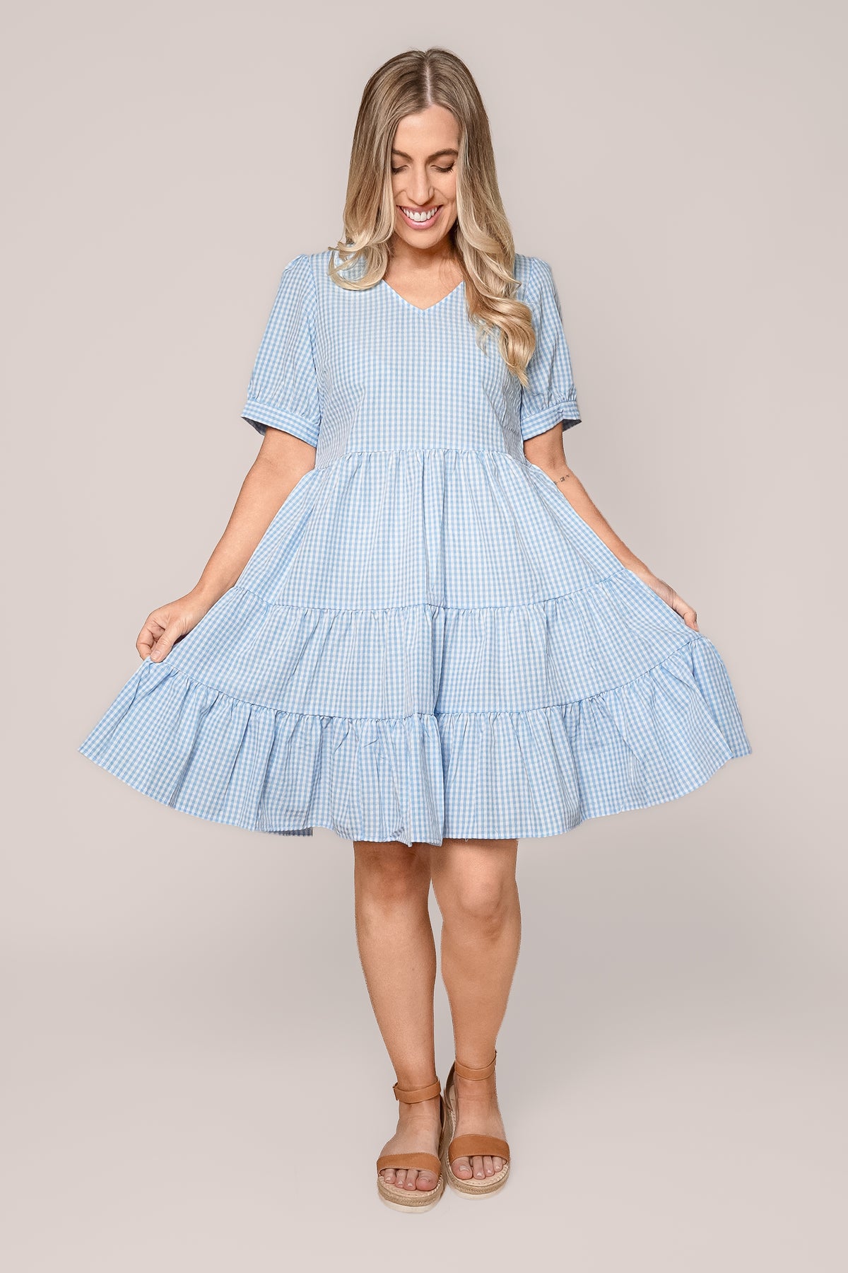 Yansi Gingham Dress in Light Blue