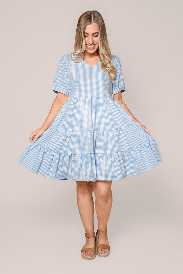 Yansi Gingham Dress in Light Blue