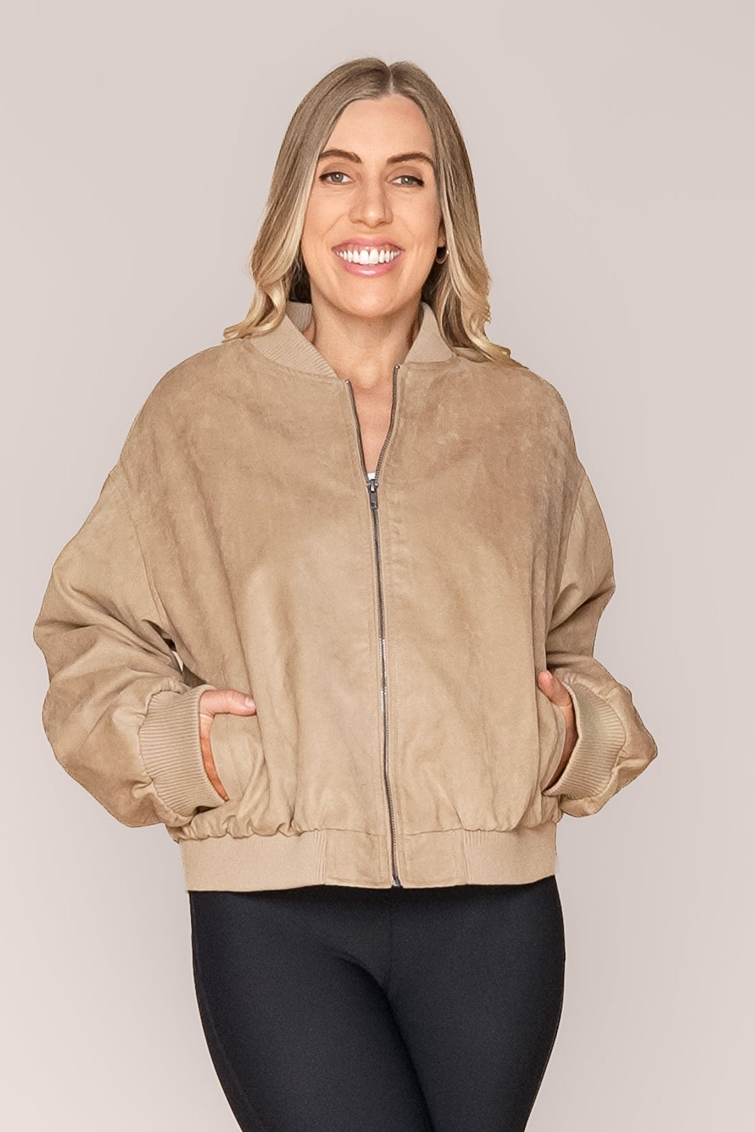Evie Suede Bomber in Sand - Foxwood