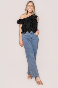 Suri Asymmetrical Ruffle Top in Black