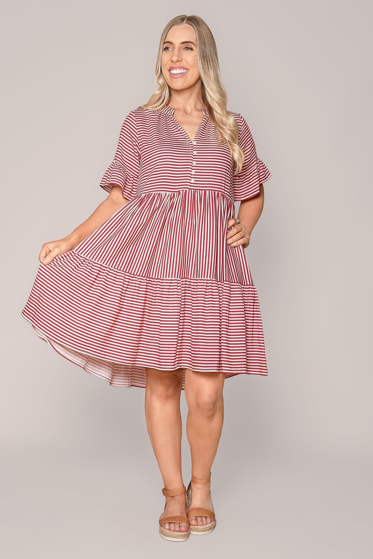 Jilly Striped Dress in Berry Red