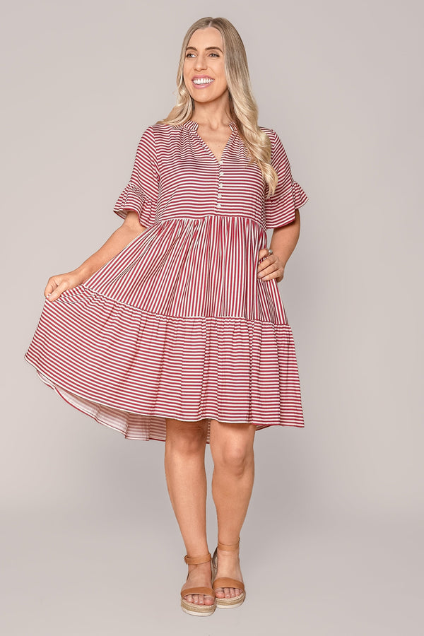 Jilly Striped Dress in Berry Red